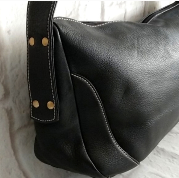 MILA PAOLI Black Leather with  White Accent Stitching Shoulder Handbag - Picture 5 of 12